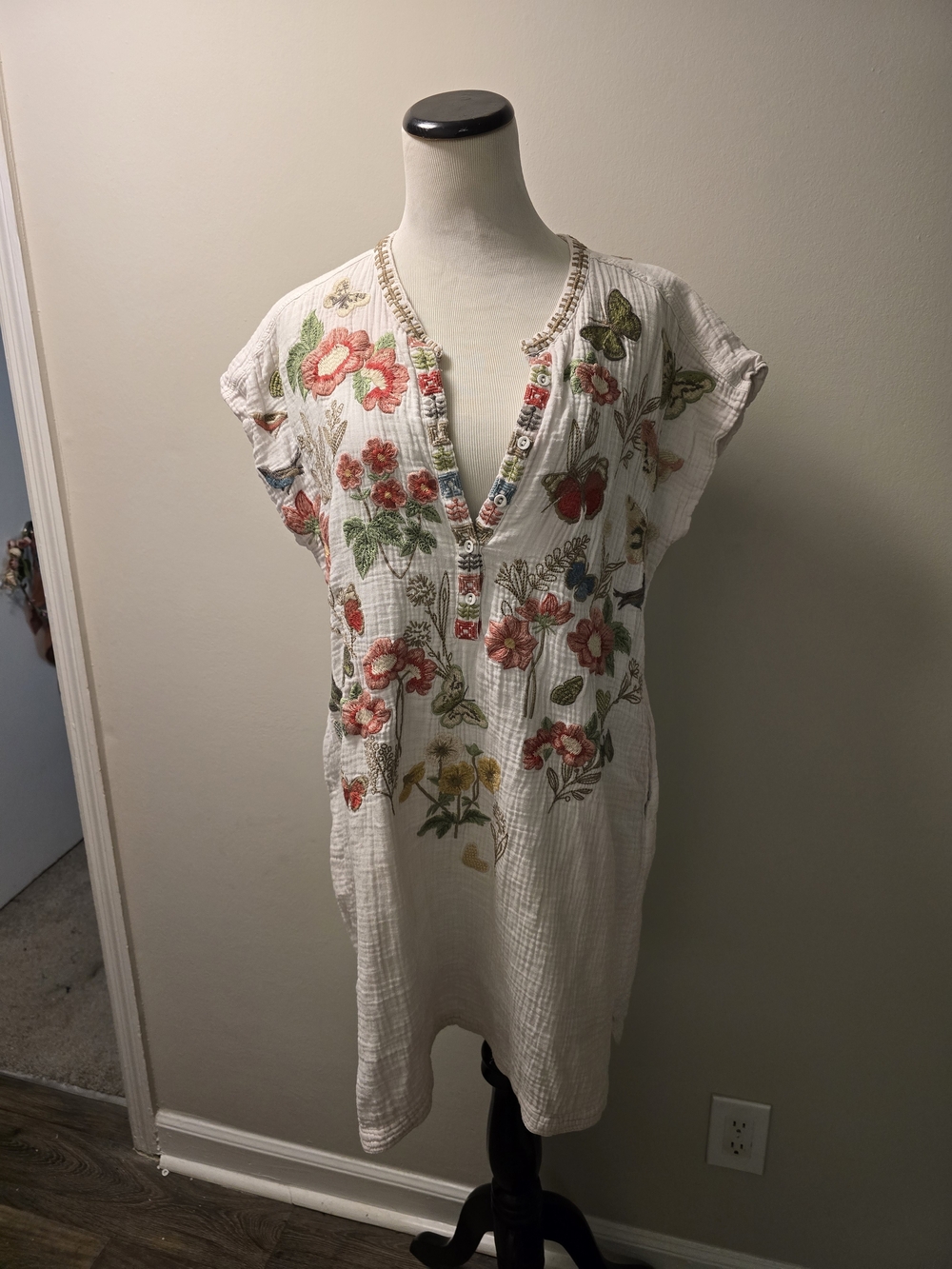 Johnny Was White Floral Embroidered Midi Dress